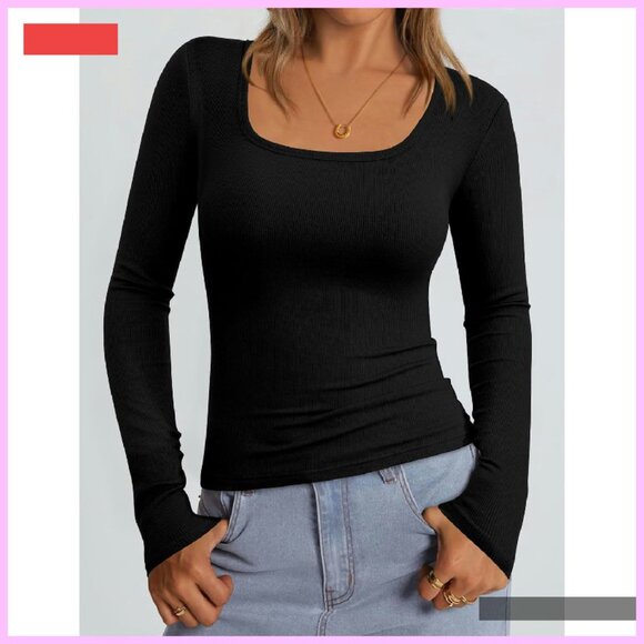 Ribbed Scoop Neck Long Sleeve Tee Basic Top Women's Fall Fashion - Picture 2 of 4